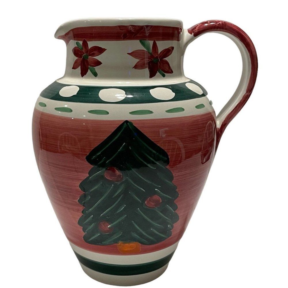 Vtg Pier 1 Italian Christmas Tree Ceramic Refreshment Tea Water Pitcher Table